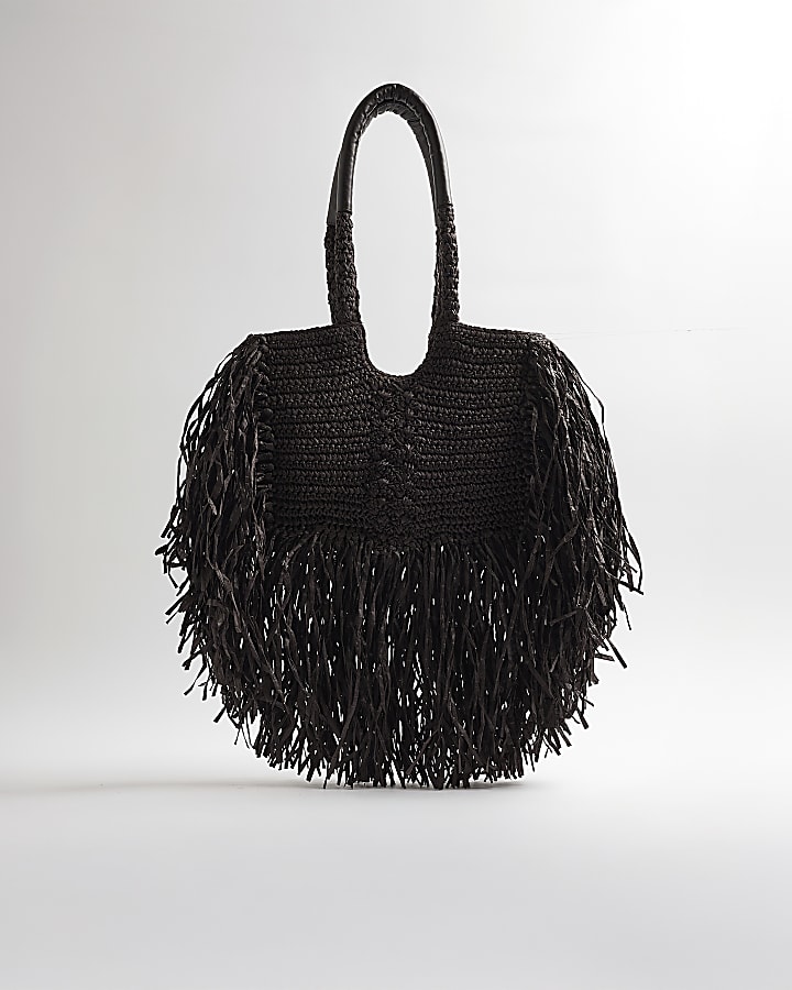 Brown Raffia Fringed Tote Bag