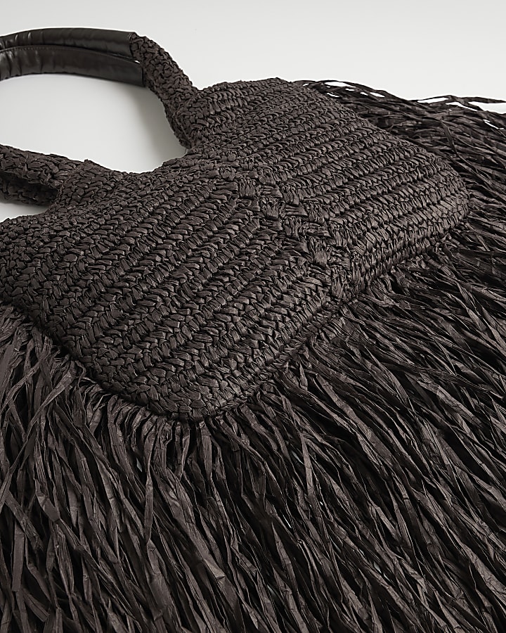 Brown Raffia Fringed Tote Bag