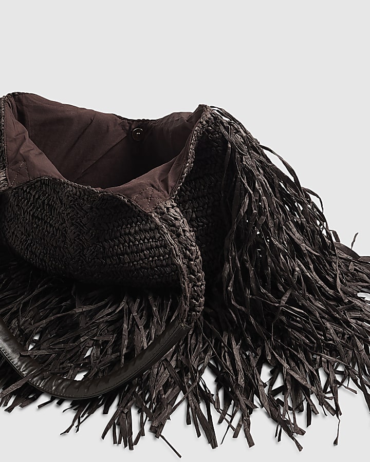 Brown Raffia Fringed Tote Bag
