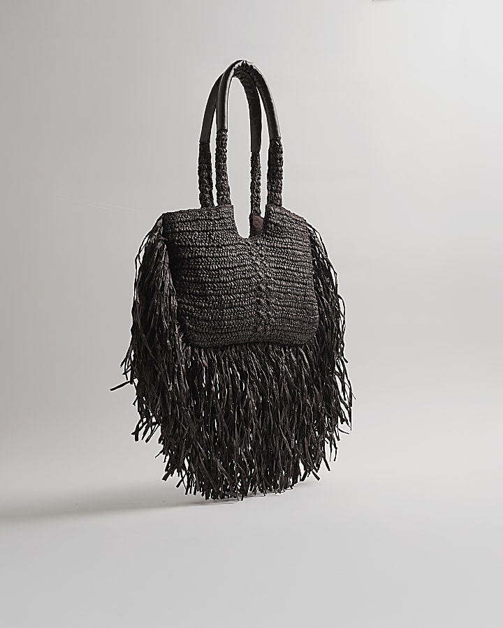 Brown Raffia Fringed Tote Bag