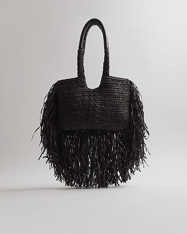 Brown Raffia Fringed Tote Bag