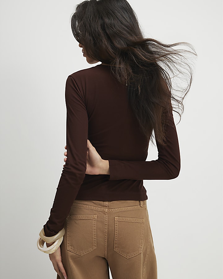 Brown Long Sleeve Semi Sheer Top