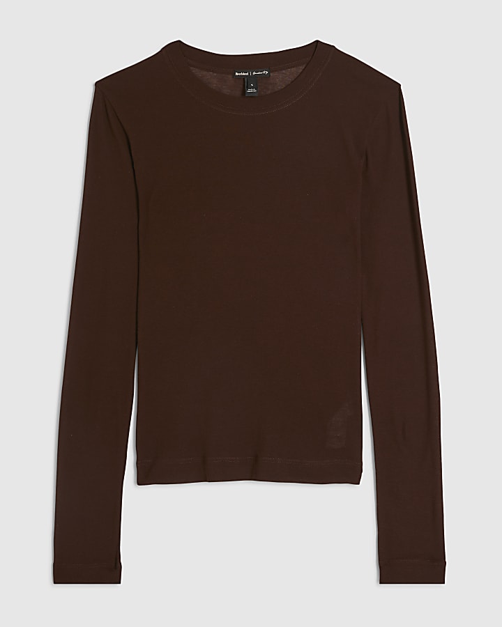 Brown Long Sleeve Semi Sheer Top