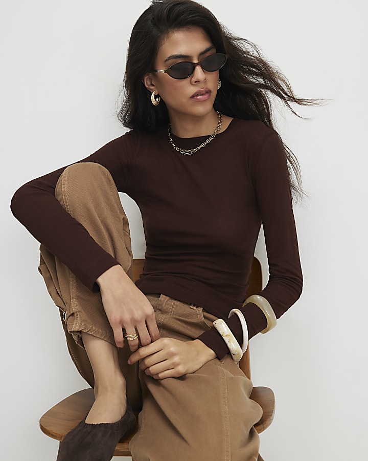 Brown Long Sleeve Semi Sheer Top