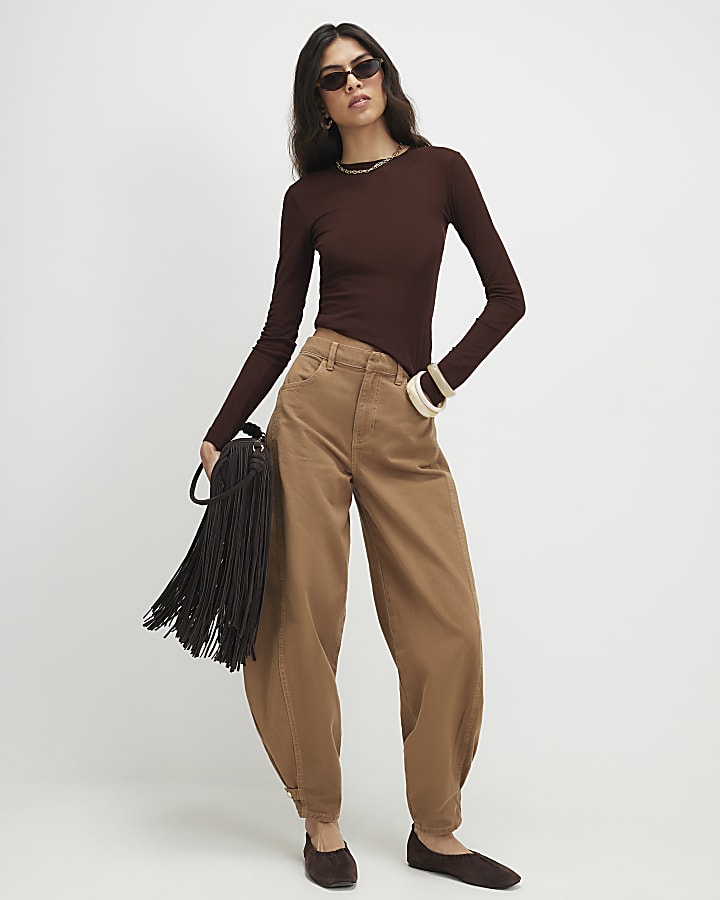 Brown Long Sleeve Semi Sheer Top