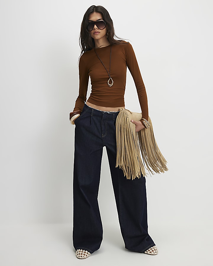 Brown Semi Sheer Long Sleeve Top