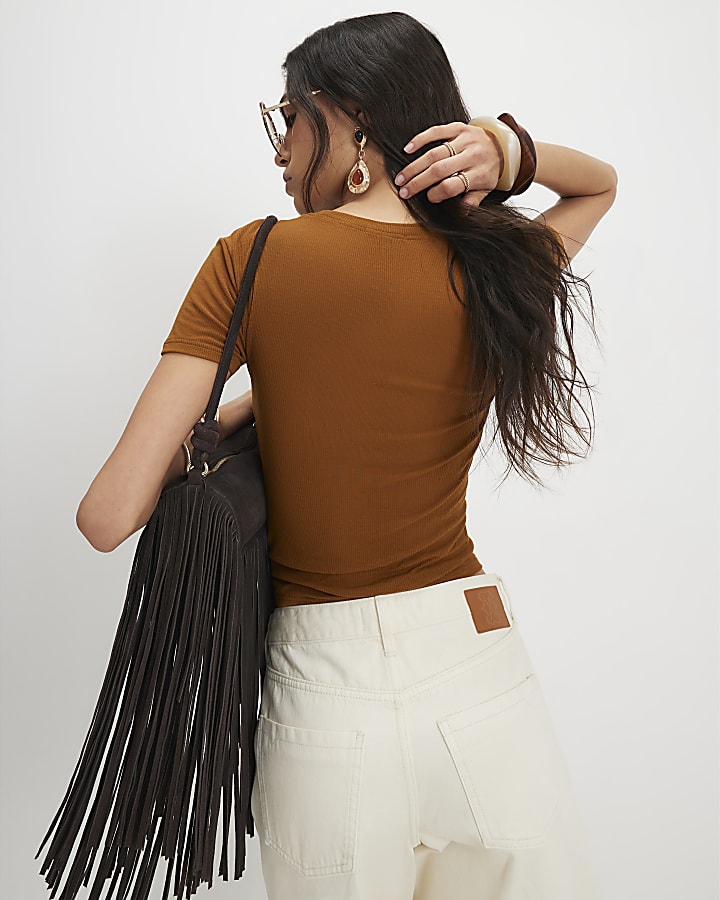 Brown Semi Sheer Short Sleeve Top