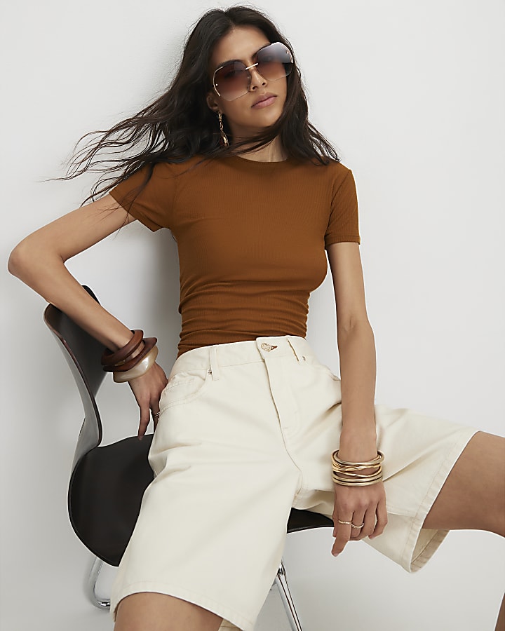 Brown Semi Sheer Short Sleeve Top