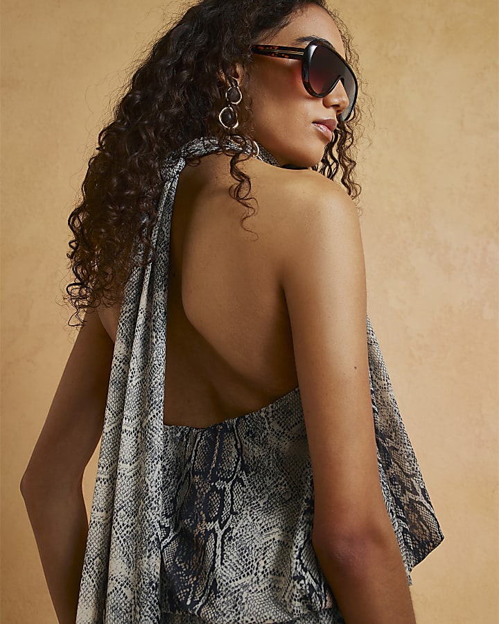 Grey Snake Halter Neck Bubble Hem Top