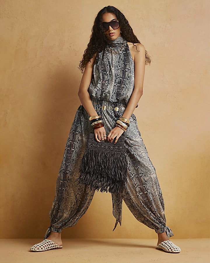 Grey Snake Halter Neck Bubble Hem Top