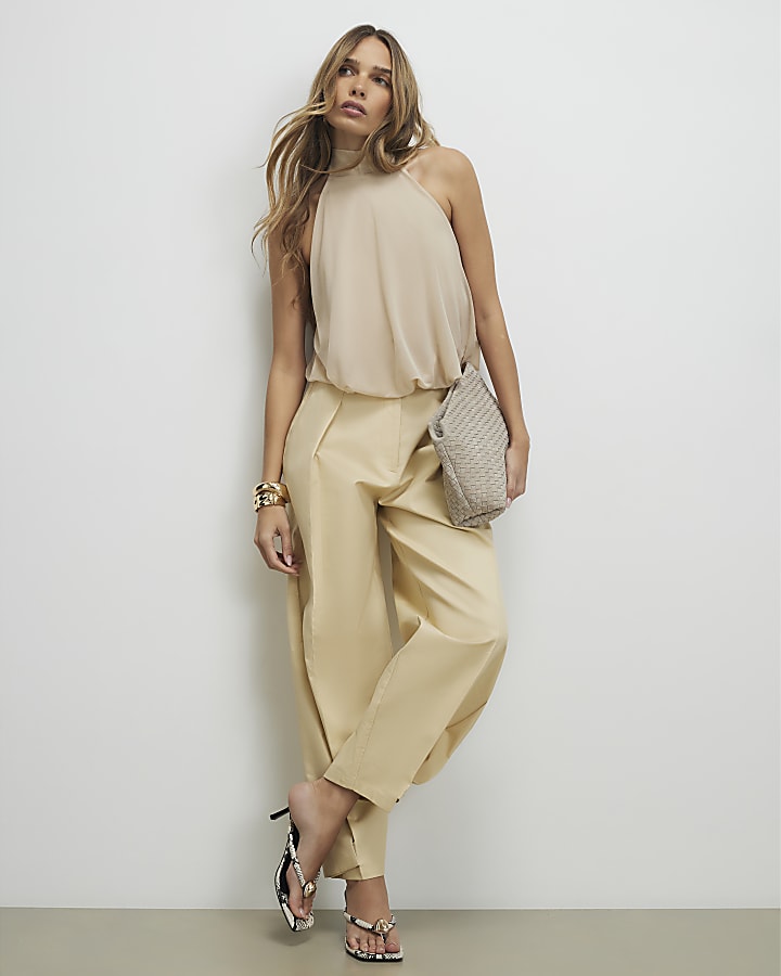 Cream Halter Neck Bubble Hem Crop Top