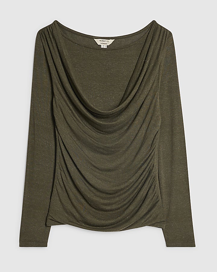 Khaki Long Sleeve Drape Layered Top