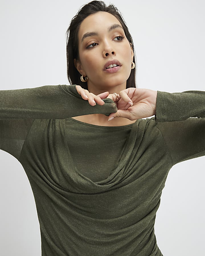 Khaki Long Sleeve Drape Layered Top
