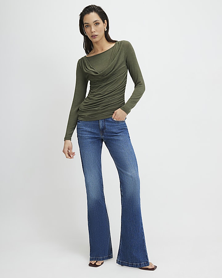 Khaki Long Sleeve Drape Layered Top