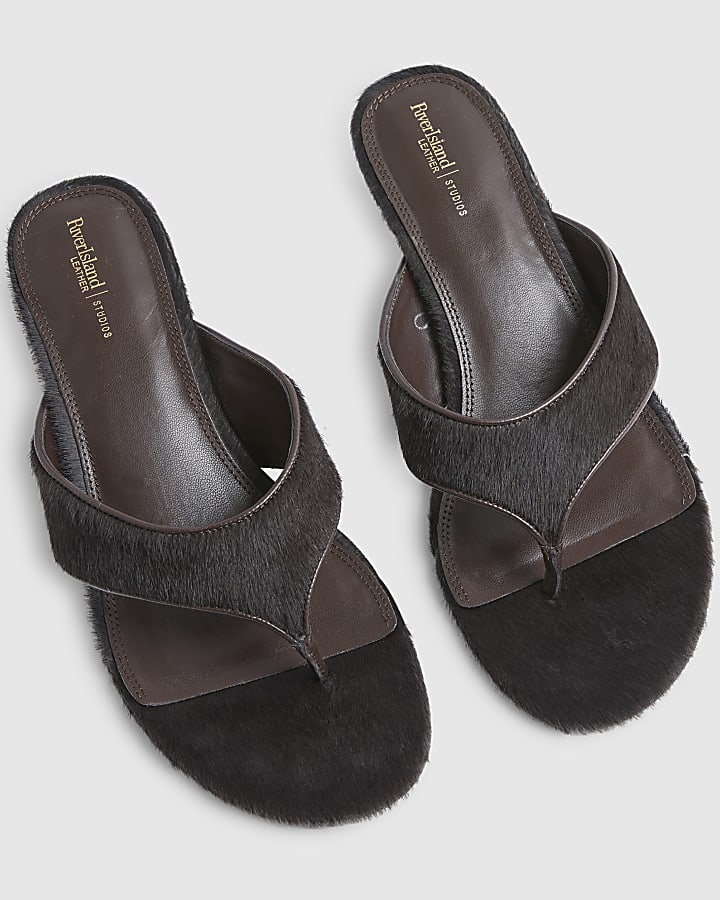 Brown Hair On Leather Toe Thong Heel Sandals