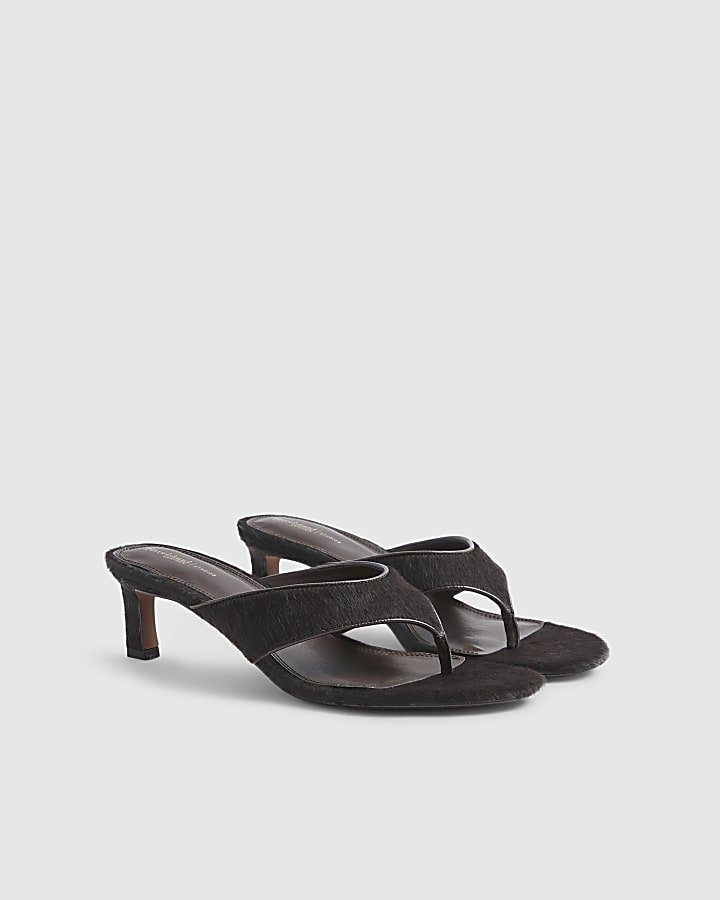 Brown Hair On Leather Toe Thong Heel Sandals