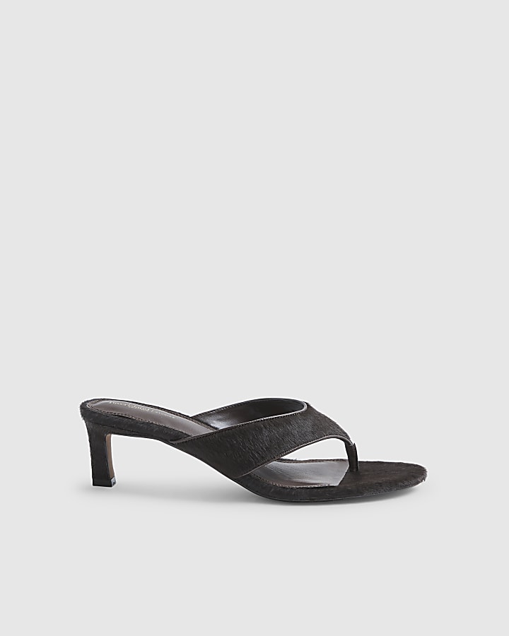 Brown Hair On Leather Toe Thong Heel Sandals