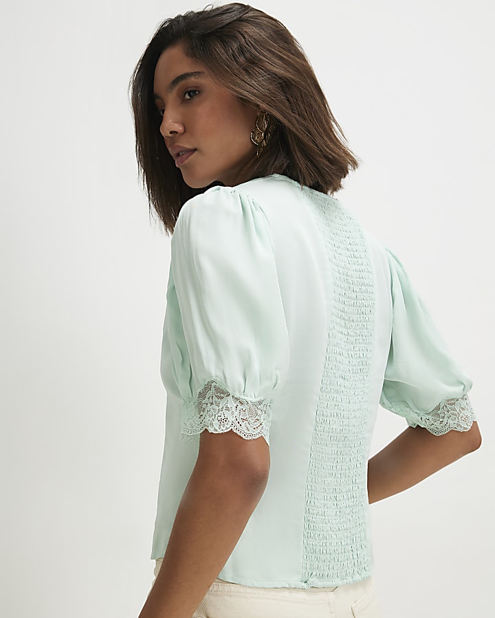Green Lace Trim Blouse