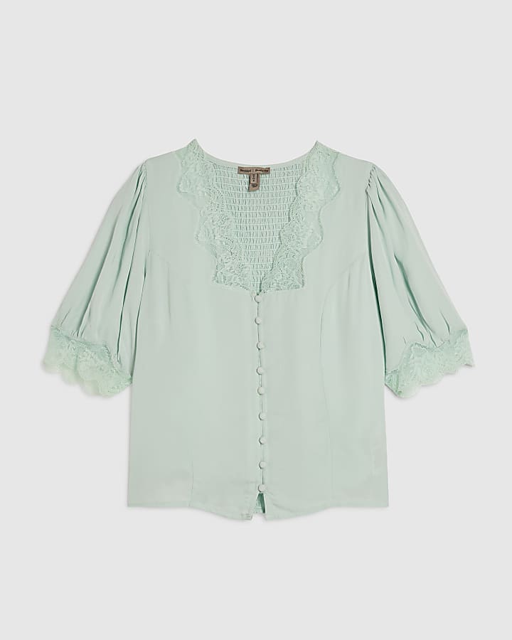Green Lace Trim Blouse
