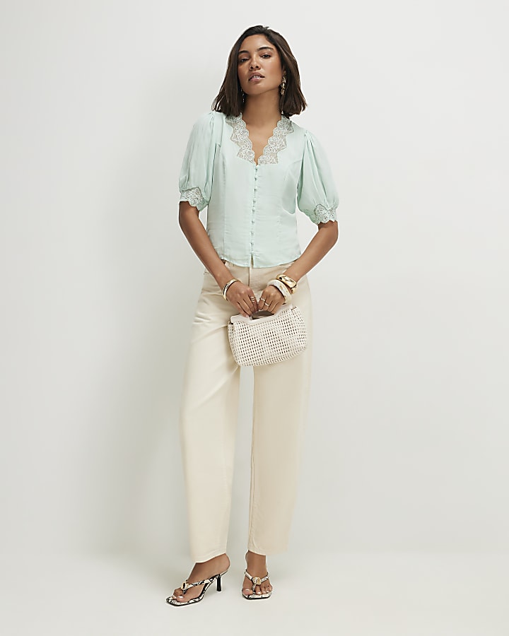Green Lace Trim Blouse