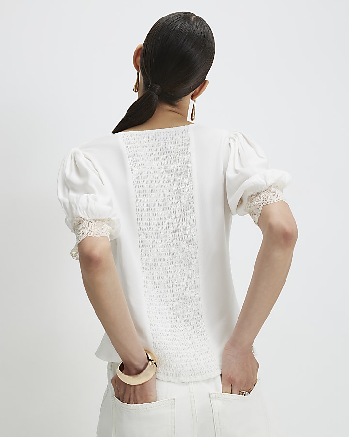 Cream Lace Trim Short Sleeve Blouse