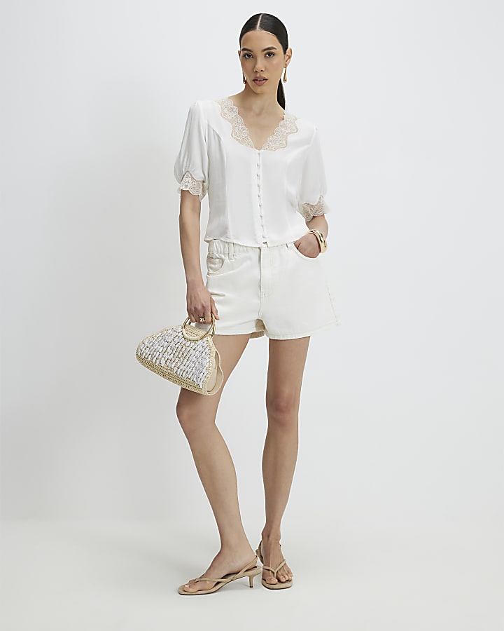 Cream Lace Trim Short Sleeve Blouse