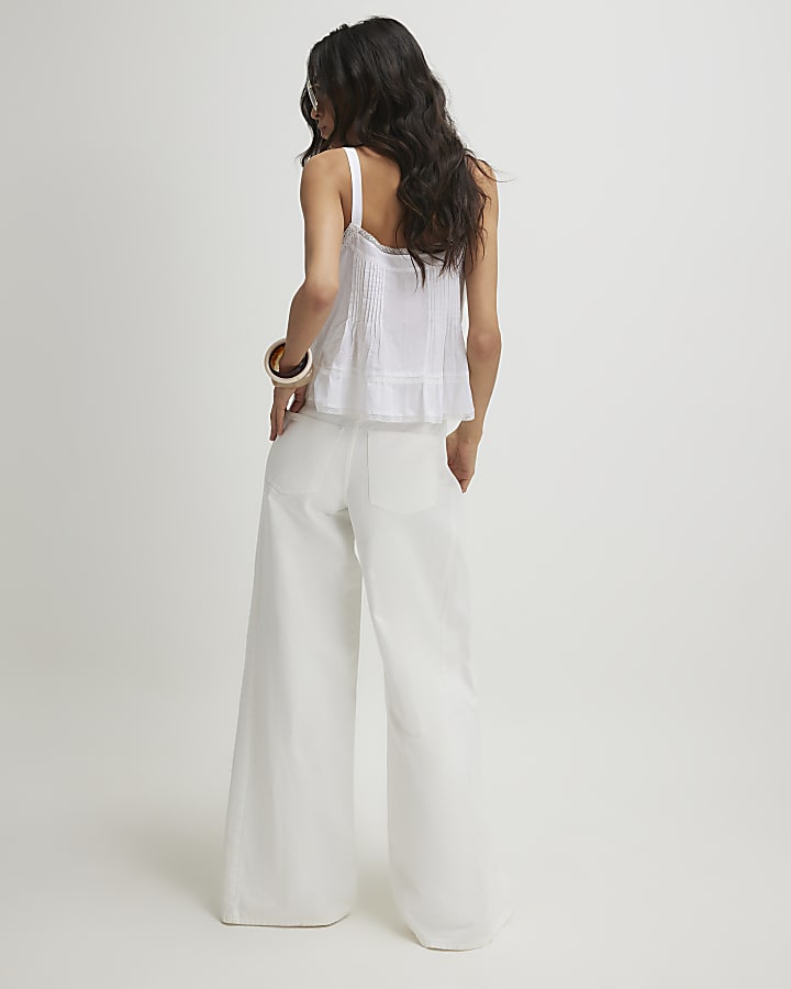 White Pleat Wide Leg Jeans