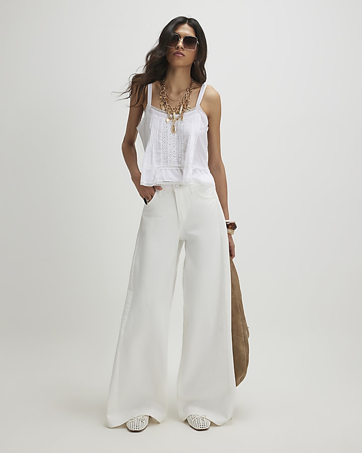White Pleat Wide Leg Jeans