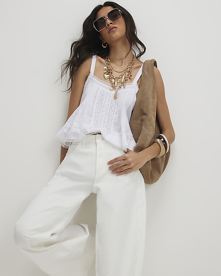White Pleat Wide Leg Jeans