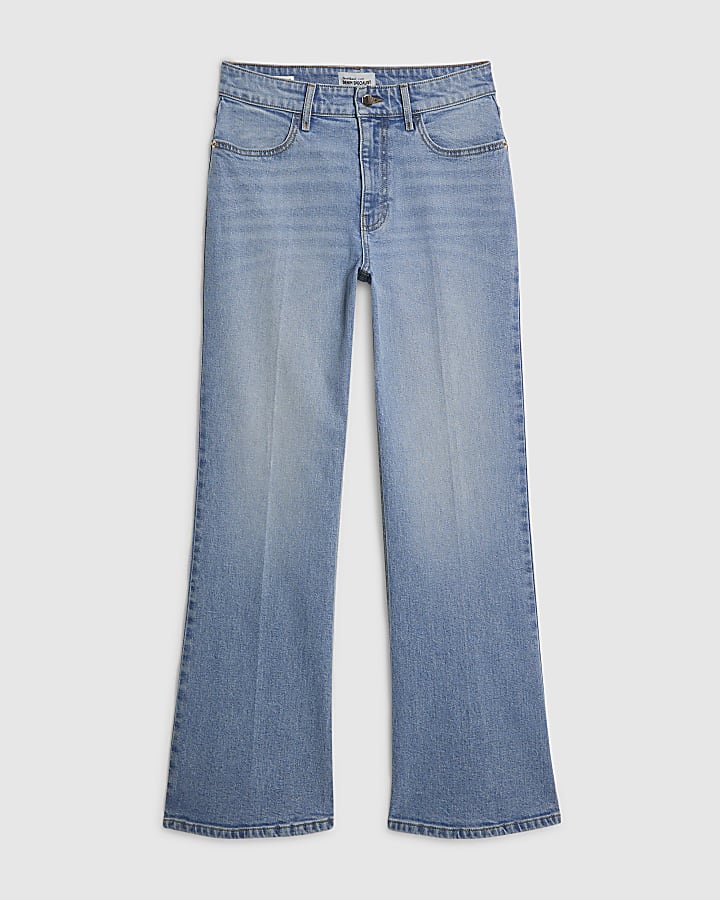 Blue Crease Front Kick Flare Jeans