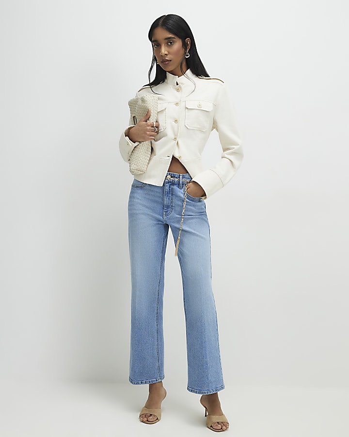 Blue Crease Front Kick Flare Jeans