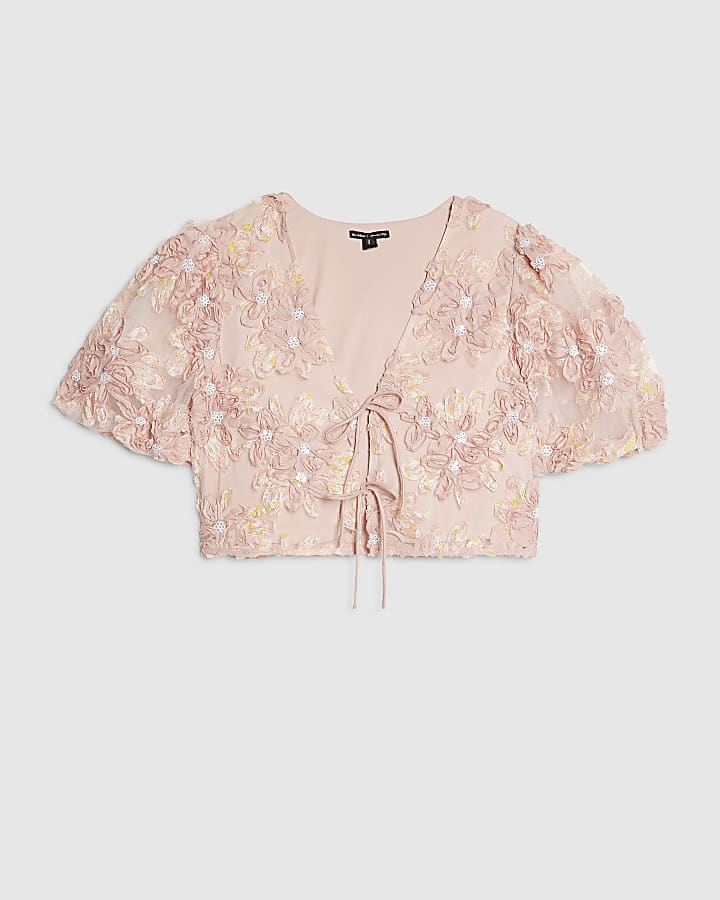 Pink 3D Floral Textured Puff Sleeve Top