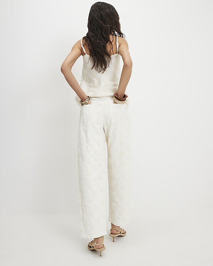 White Floral Embroidered Barrel Leg Jeans