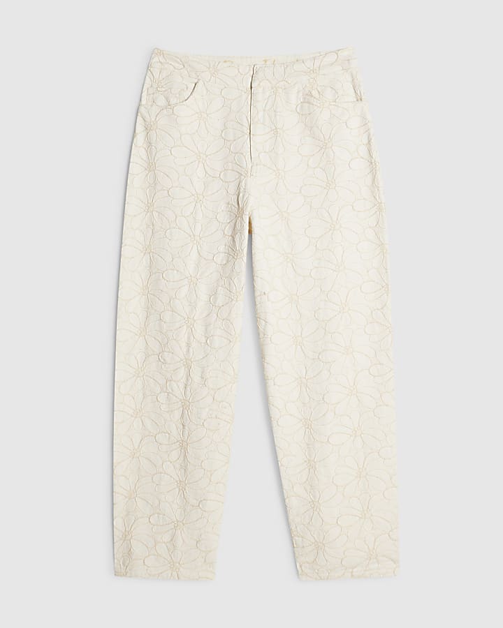 White Floral Embroidered Barrel Leg Jeans
