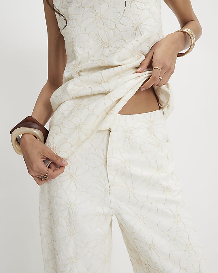 White Floral Embroidered Barrel Leg Jeans