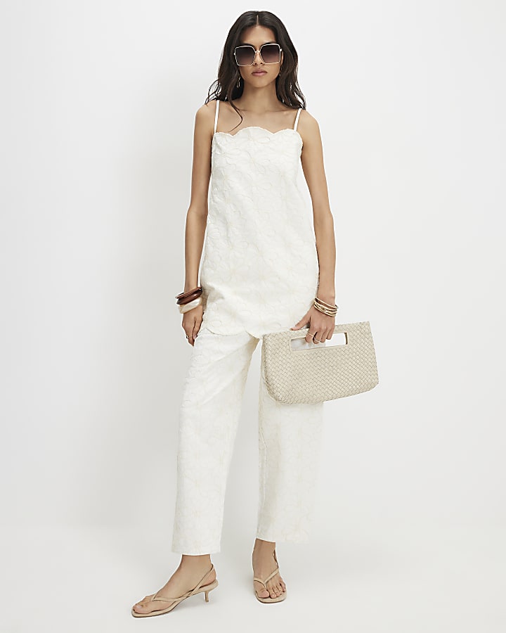 White Floral Embroidered Barrel Leg Jeans