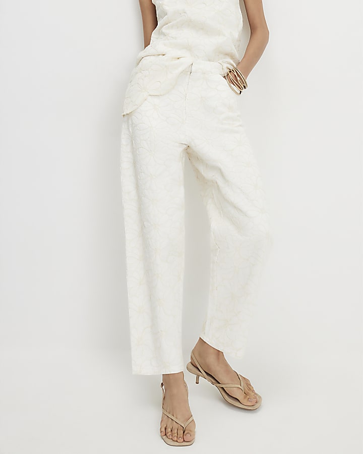White Floral Embroidered Barrel Leg Jeans