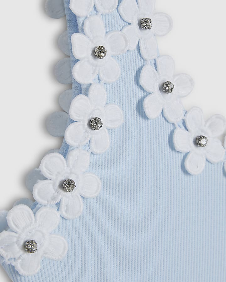Blue Floral Diamante Trim Tank Top