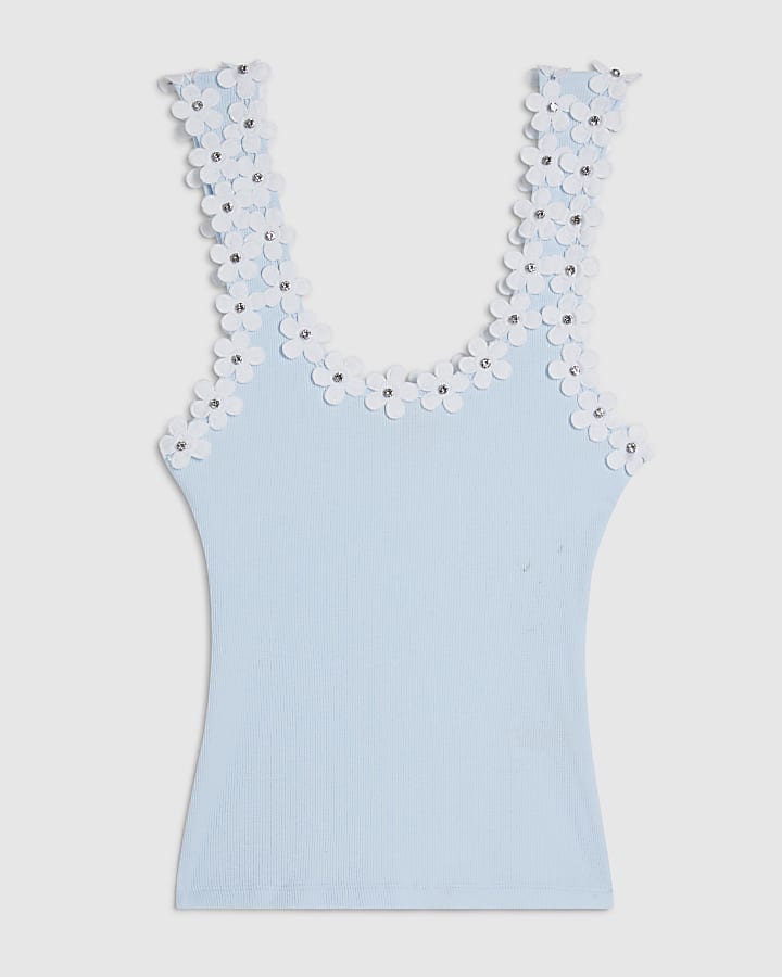 Blue Floral Diamante Trim Tank Top