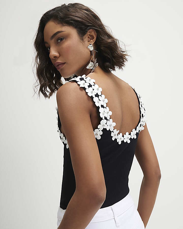 Black Floral Diamante Trim Tank Top