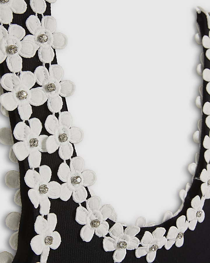 Black Floral Diamante Trim Tank Top
