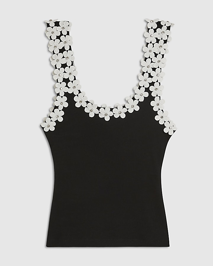 Black Floral Diamante Trim Tank Top