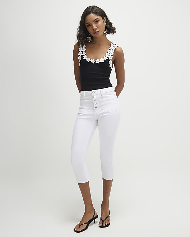 Black Floral Diamante Trim Tank Top