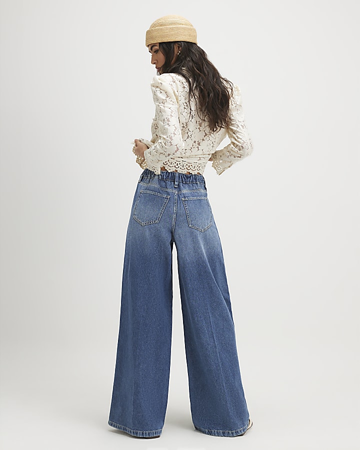 Blue Elastic Back Wide Leg Jeans