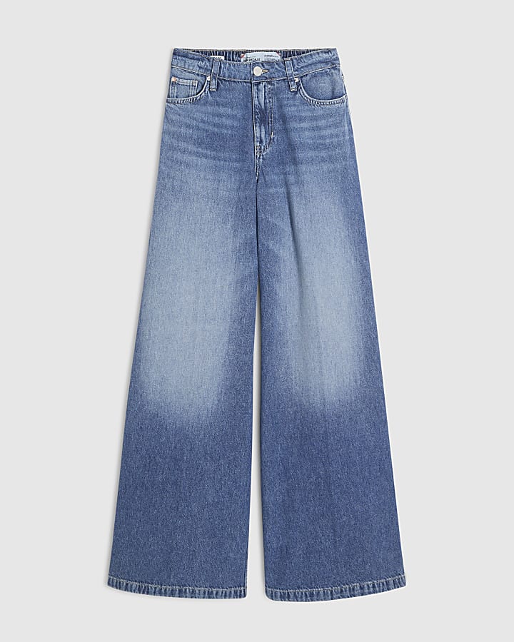 Blue Elastic Back Wide Leg Jeans