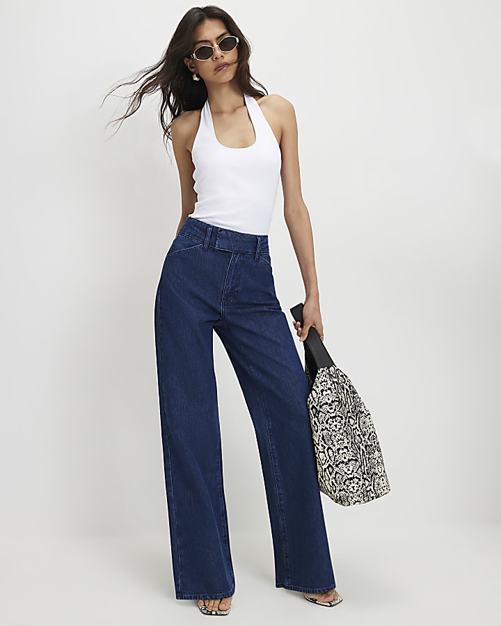 Blue Tab Front Tailored Wide Leg Jeans