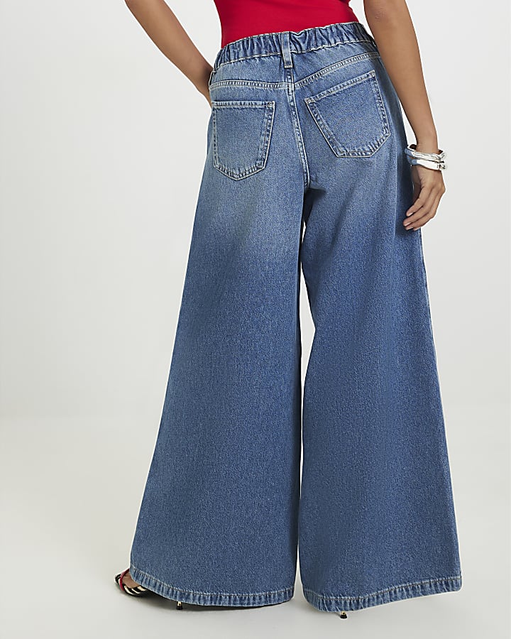 Petite Blue Elasticated Back Wide Leg Jeans