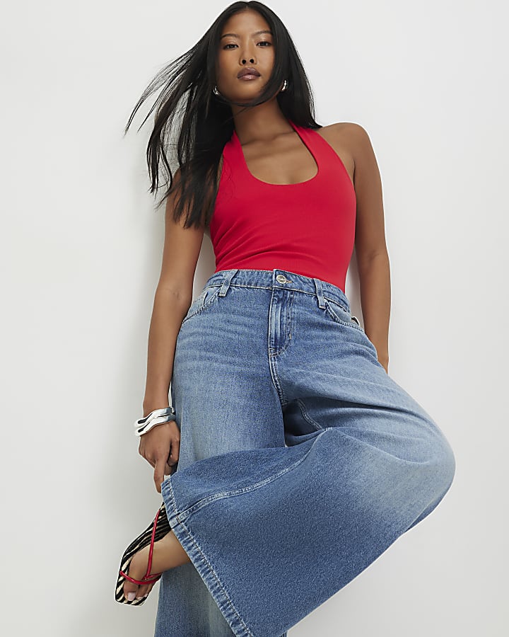 Petite Blue Elasticated Back Wide Leg Jeans