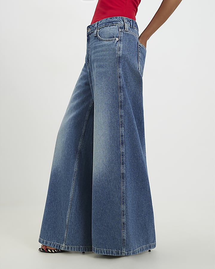 Petite Blue Elasticated Back Wide Leg Jeans