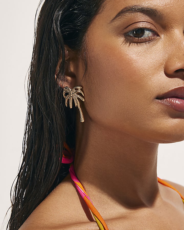 Gold Palm Tree Stud Earrings
